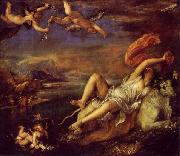 Titian The Rape of Europa  is a bold diagonal composition which was admired and copied by Rubens. painting