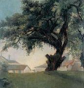 Anonymous Giant tree and barracks oil painting on canvas