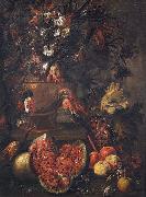 Anonymous Stilleben mit Blumen, aufgeschnittener Melone und anderem Obst sowie einem Papagei Sweden oil painting artist