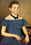 Anonymous Portrait eines Madchens im schulterfreien blauen Kleid oil painting