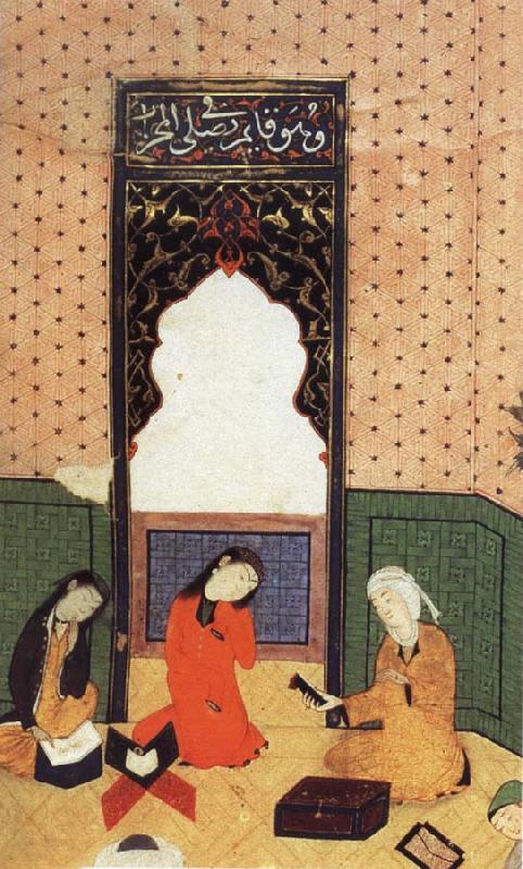 Bihzad the theophany through Layli sitting framed within the prayer niche oil painting picture