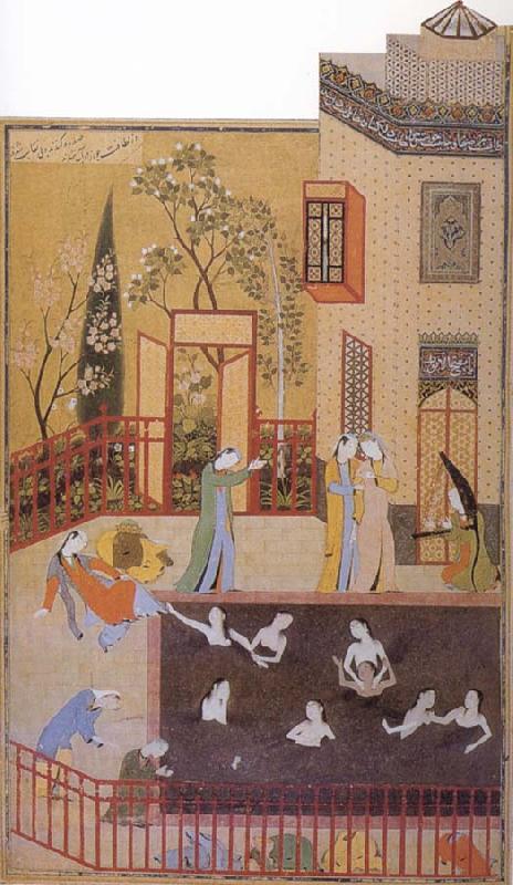 Bihzad The Master of the garden espies the maidens bathing in his pool oil painting image
