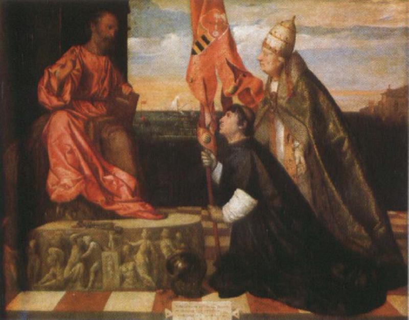 Titian By Pope Alexander six th as the Saint Mala enterprise's hero were introduced that kneels in front of Saint Peter's Ge the cloths wears Salol Sweden oil painting art