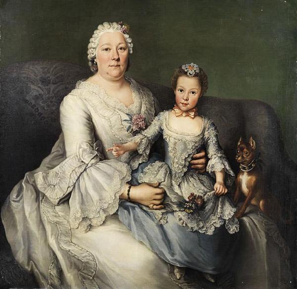 Anonymous Adelige Dame mit kleinem Madchen und Schobhundchen oil painting picture