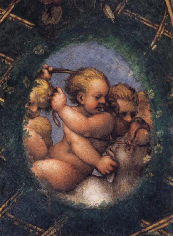 Correggio Two ovals depicting a putto with a stag's head and a putto with a greyhound oil painting picture