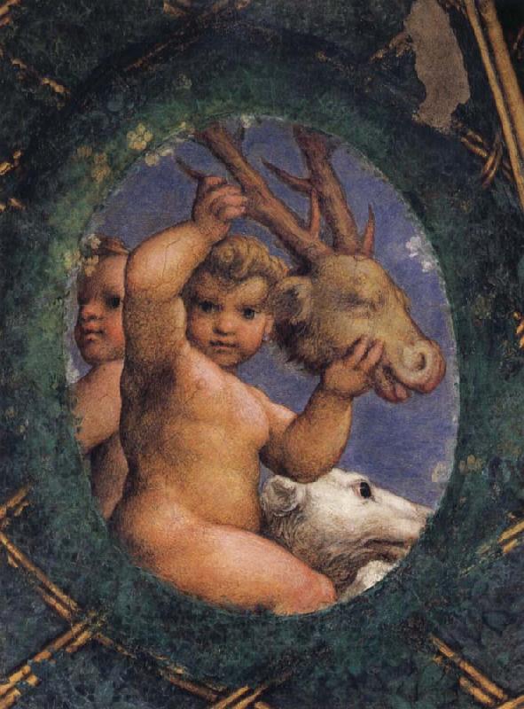 Correggio Two ovals depicting a putto with a stag's head and a putto with a greyhound Sweden oil painting art